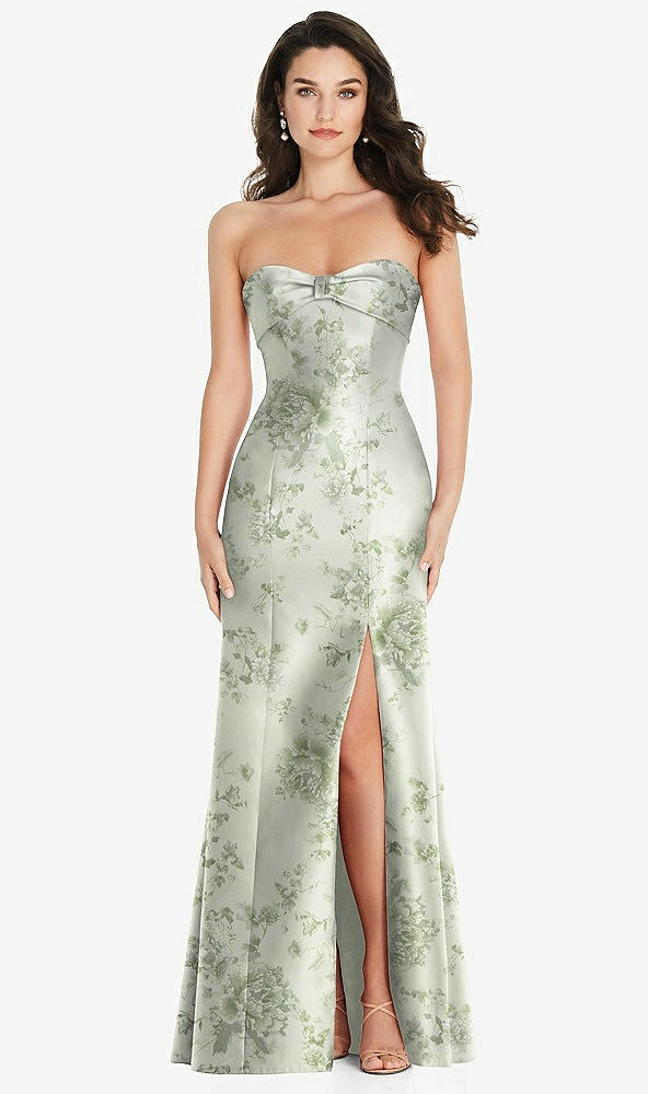 Front View - Sage Cottage Rose Bow Cuff Strapless Floral Princess Waist Trumpet Gown