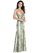 Side View Thumbnail - Sage Cottage Rose Bow Cuff Strapless Floral Princess Waist Trumpet Gown