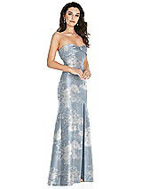 Side View Thumbnail - Porcelain Blue Seraphina Floral Bow Cuff Strapless Floral Princess Waist Trumpet Gown