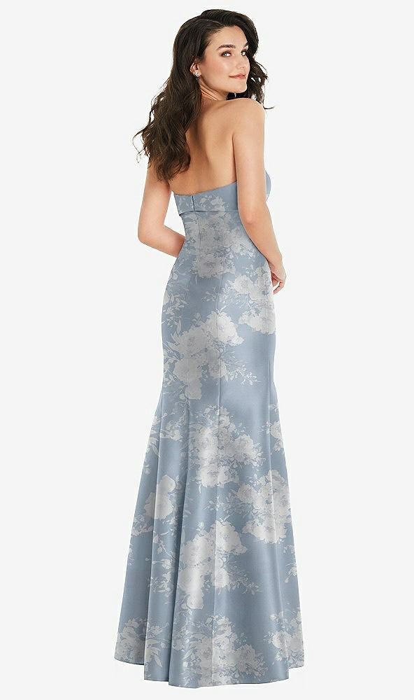 Back View - Porcelain Blue Seraphina Floral Bow Cuff Strapless Floral Princess Waist Trumpet Gown