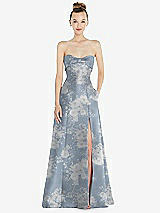 Front View Thumbnail - Porcelain Blue Seraphina Floral Bow Cuff Strapless Floral Satin Ball Gown with Pockets