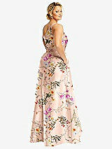 Rear View Thumbnail - Butterfly Botanica Pink Sand One-Shoulder Floral Satin Gown with Draped Front Slit