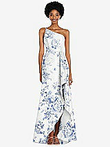 Alt View 1 Thumbnail - Cottage Rose Larkspur One-Shoulder Floral Satin Gown with Draped Front Slit