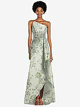 Alt View 1 Thumbnail - Sage Cottage Rose One-Shoulder Floral Satin Gown with Draped Front Slit