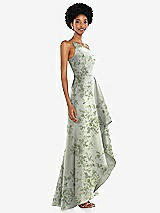 Alt View 2 Thumbnail - Sage Cottage Rose One-Shoulder Floral Satin Gown with Draped Front Slit