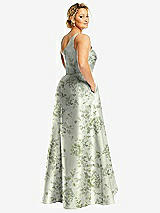 Rear View Thumbnail - Sage Cottage Rose One-Shoulder Floral Satin Gown with Draped Front Slit