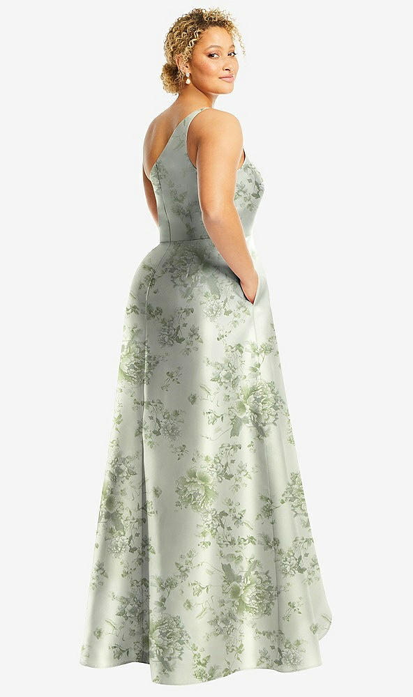 Back View - Sage Cottage Rose One-Shoulder Floral Satin Gown with Draped Front Slit