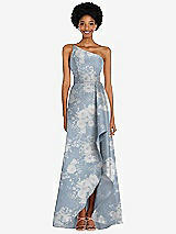 Alt View 1 Thumbnail - Porcelain Blue Seraphina Floral One-Shoulder Floral Satin Gown with Draped Front Slit