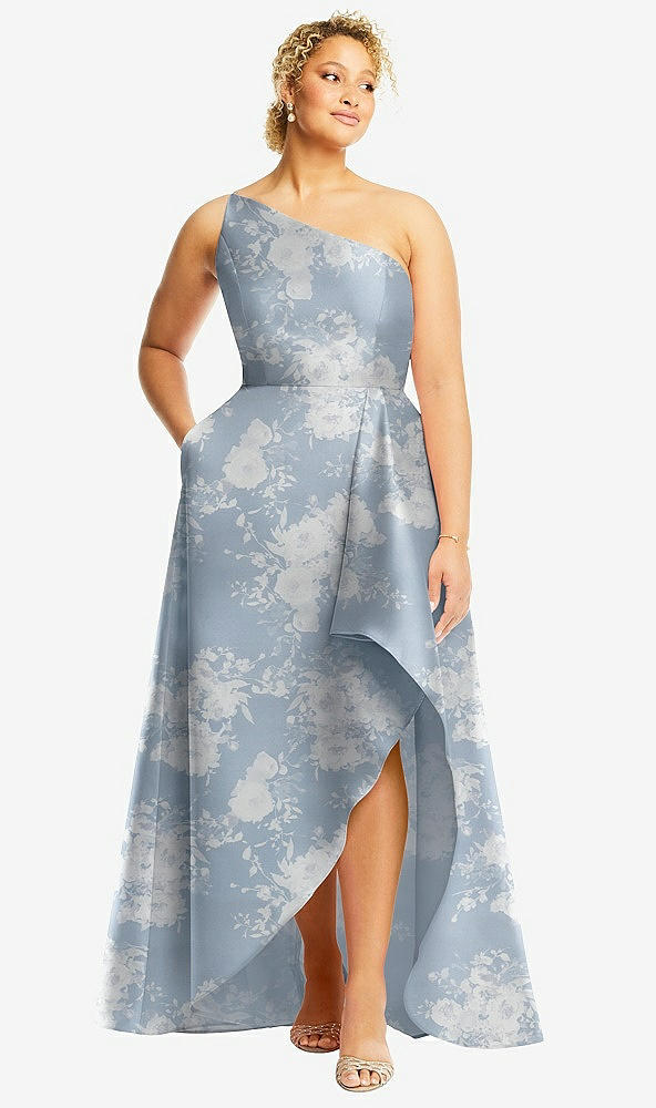 Front View - Porcelain Blue Seraphina Floral One-Shoulder Floral Satin Gown with Draped Front Slit