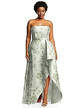 Alt View 1 Thumbnail - Sage Cottage Rose Strapless Floral Satin Gown with Draped Front Slit and Pockets