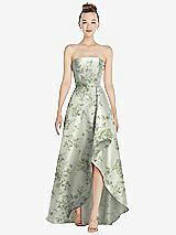 Front View Thumbnail - Sage Cottage Rose Strapless Floral Satin Gown with Draped Front Slit and Pockets