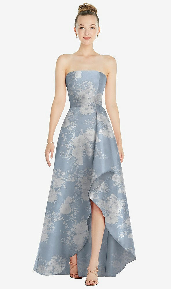 Front View - Porcelain Blue Seraphina Floral Strapless Floral Satin Gown with Draped Front Slit and Pockets