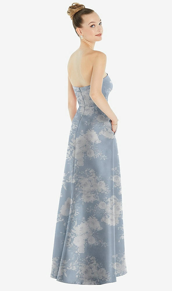 Back View - Porcelain Blue Seraphina Floral Strapless Floral Satin Gown with Draped Front Slit and Pockets