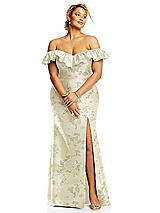Alt View 3 Thumbnail - Butter Yellow Floral Off-the-Shoulder Ruffle Neck Floral Satin Trumpet Gown