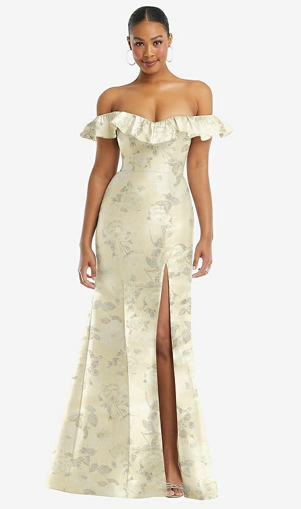Front View - Butter Yellow Floral Off-the-Shoulder Ruffle Neck Floral Satin Trumpet Gown