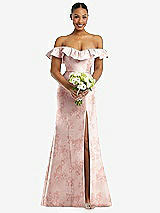 Alt View 2 Thumbnail - Bow And Blossom Print Off-the-Shoulder Ruffle Neck Floral Satin Trumpet Gown