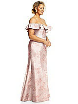 Alt View 4 Thumbnail - Bow And Blossom Print Off-the-Shoulder Ruffle Neck Floral Satin Trumpet Gown