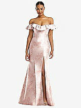 Front View Thumbnail - Bow And Blossom Print Off-the-Shoulder Ruffle Neck Floral Satin Trumpet Gown