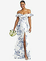 Alt View 1 Thumbnail - Cottage Rose Larkspur Off-the-Shoulder Ruffle Neck Floral Satin Trumpet Gown