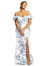 Alt View 3 Thumbnail - Cottage Rose Larkspur Off-the-Shoulder Ruffle Neck Floral Satin Trumpet Gown