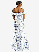 Rear View Thumbnail - Cottage Rose Larkspur Off-the-Shoulder Ruffle Neck Floral Satin Trumpet Gown