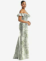 Side View Thumbnail - Sage Cottage Rose Off-the-Shoulder Ruffle Neck Floral Satin Trumpet Gown