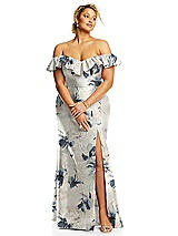Alt View 3 Thumbnail - Inkwash Blue Floral Off-the-Shoulder Ruffle Neck Floral Satin Trumpet Gown