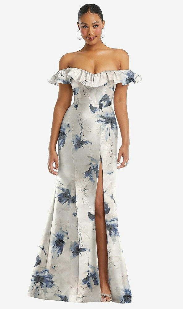 Front View - Inkwash Blue Floral Off-the-Shoulder Ruffle Neck Floral Satin Trumpet Gown