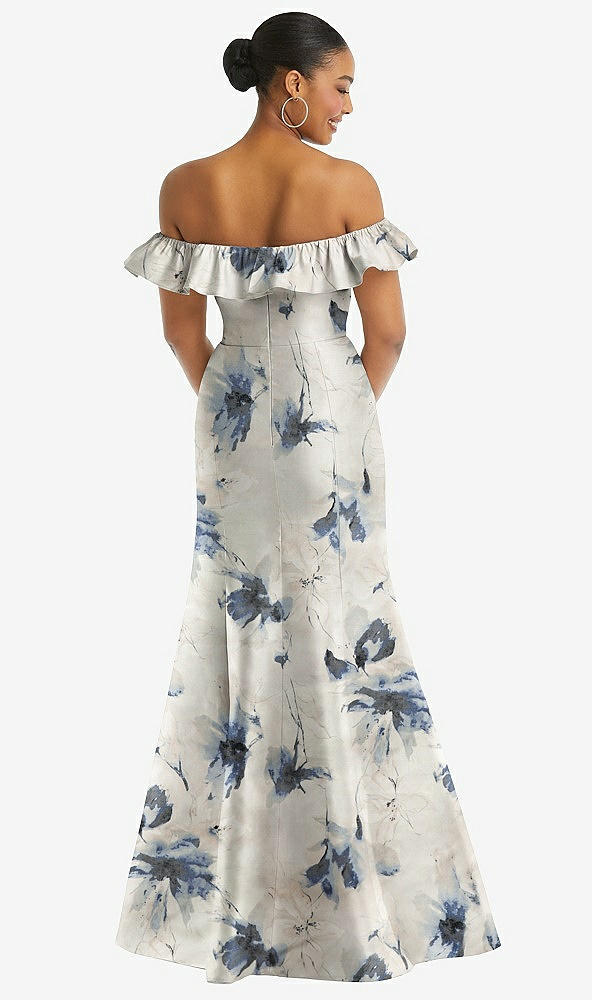 Back View - Inkwash Blue Floral Off-the-Shoulder Ruffle Neck Floral Satin Trumpet Gown