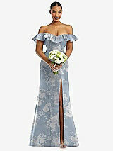 Alt View 2 Thumbnail - Porcelain Blue Seraphina Floral Off-the-Shoulder Ruffle Neck Floral Satin Trumpet Gown