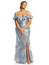 Alt View 3 Thumbnail - Porcelain Blue Seraphina Floral Off-the-Shoulder Ruffle Neck Floral Satin Trumpet Gown