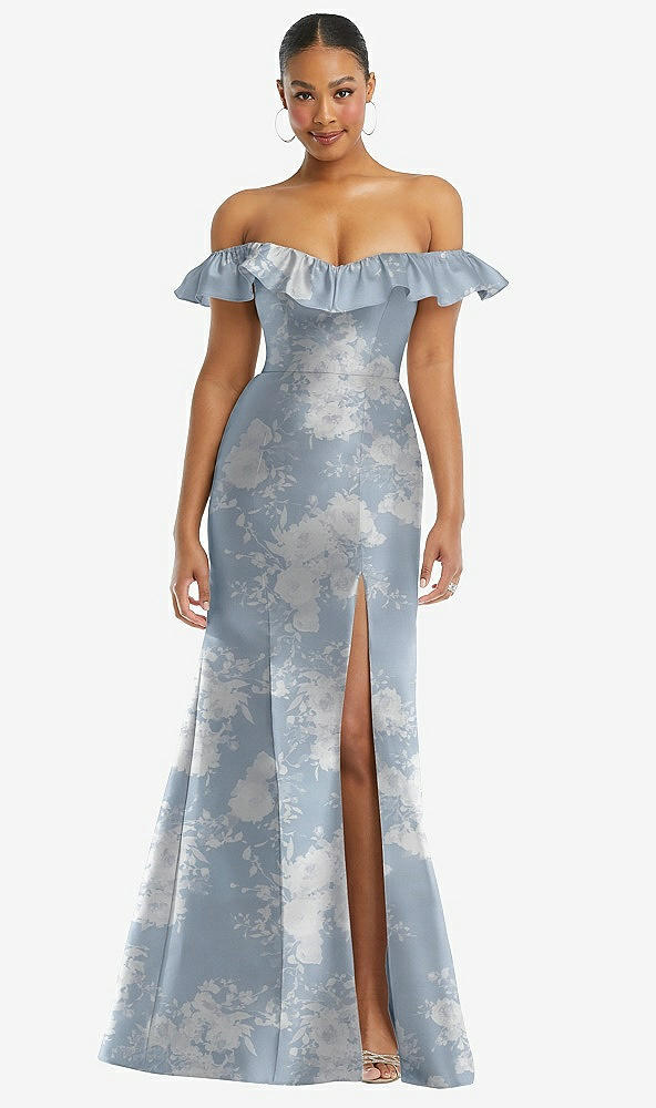 Front View - Porcelain Blue Seraphina Floral Off-the-Shoulder Ruffle Neck Floral Satin Trumpet Gown