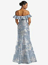 Rear View Thumbnail - Porcelain Blue Seraphina Floral Off-the-Shoulder Ruffle Neck Floral Satin Trumpet Gown