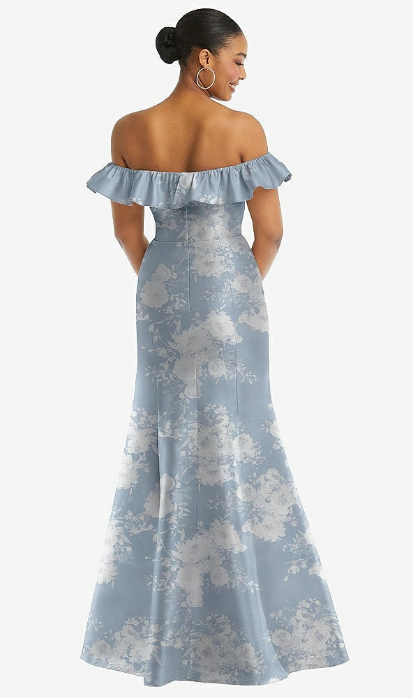 Back View - Porcelain Blue Seraphina Floral Off-the-Shoulder Ruffle Neck Floral Satin Trumpet Gown