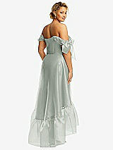 Rear View Thumbnail - Willow Green Convertible Deep Ruffle Hem High Low Organdy Dress with Scarf-Tie Straps