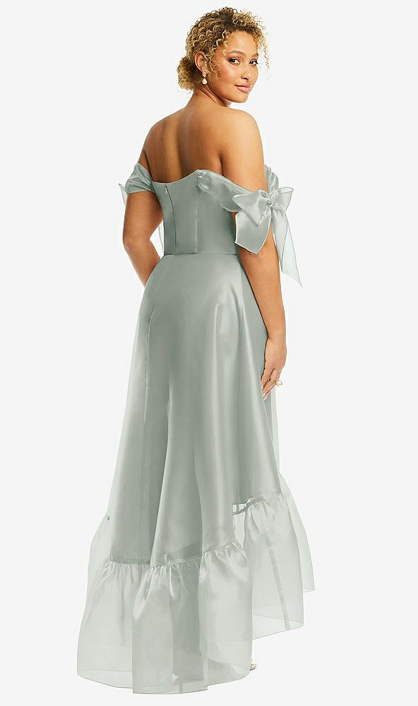 Back View - Willow Green Convertible Deep Ruffle Hem High Low Organdy Dress with Scarf-Tie Straps