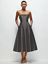 Front View Thumbnail - Caviar Gray Cuffed Strapless Satin Twill Midi Dress with Full Skirt and Pockets