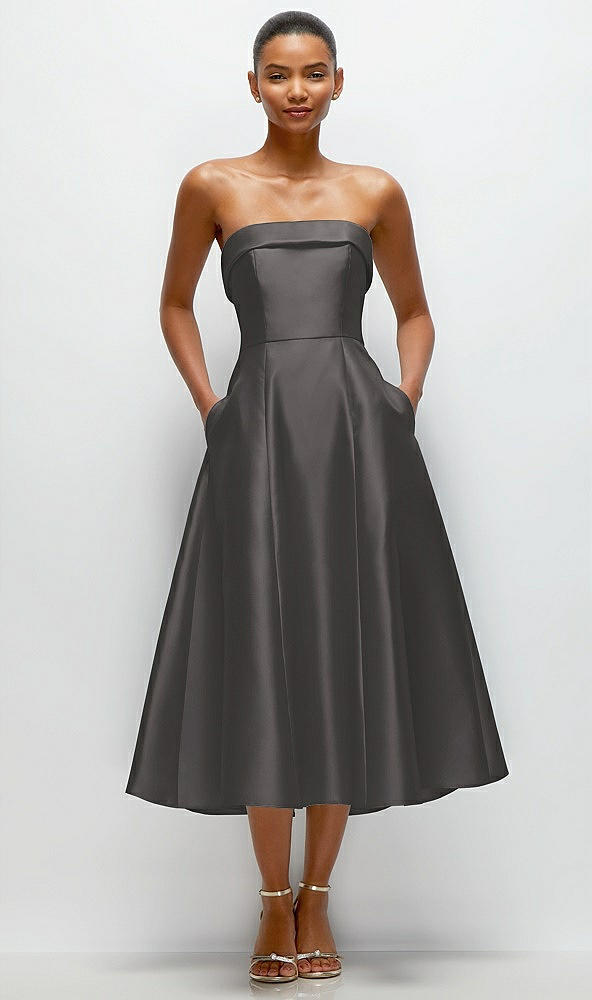 Front View - Caviar Gray Cuffed Strapless Satin Twill Midi Dress with Full Skirt and Pockets