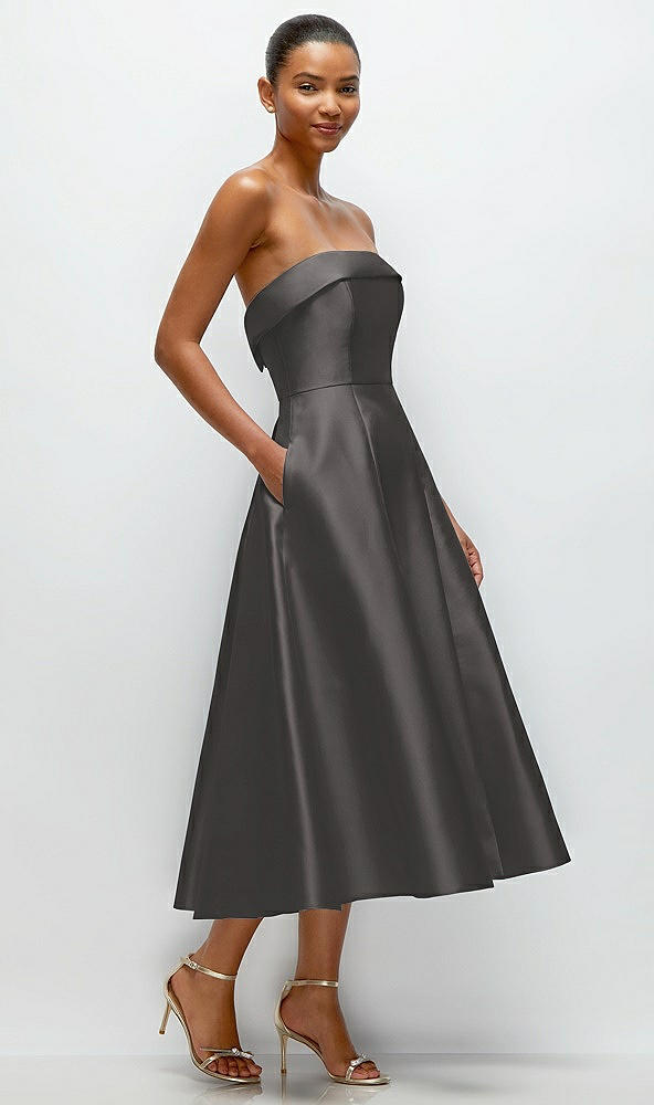 Back View - Caviar Gray Cuffed Strapless Satin Twill Midi Dress with Full Skirt and Pockets