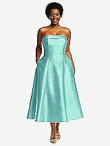 Alt View 1 Thumbnail - Coastal Cuffed Strapless Satin Twill Midi Dress with Full Skirt and Pockets