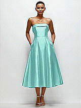 Front View Thumbnail - Coastal Cuffed Strapless Satin Twill Midi Dress with Full Skirt and Pockets