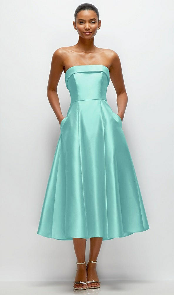 Front View - Coastal Cuffed Strapless Satin Twill Midi Dress with Full Skirt and Pockets