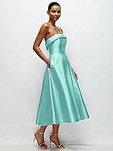 Rear View Thumbnail - Coastal Cuffed Strapless Satin Twill Midi Dress with Full Skirt and Pockets