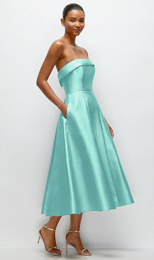 Back View - Coastal Cuffed Strapless Satin Twill Midi Dress with Full Skirt and Pockets