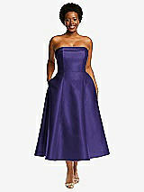 Alt View 1 Thumbnail - Grape Cuffed Strapless Satin Twill Midi Dress with Full Skirt and Pockets