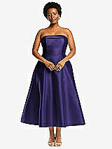 Alt View 4 Thumbnail - Grape Cuffed Strapless Satin Twill Midi Dress with Full Skirt and Pockets