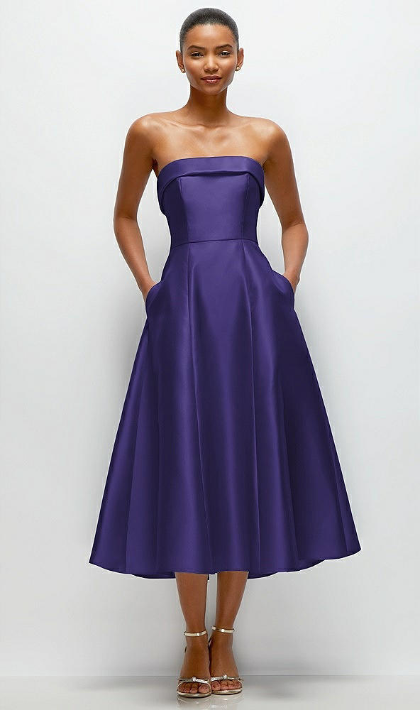 Front View - Grape Cuffed Strapless Satin Twill Midi Dress with Full Skirt and Pockets