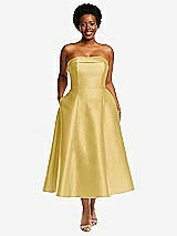 Alt View 1 Thumbnail - Maize Cuffed Strapless Satin Twill Midi Dress with Full Skirt and Pockets