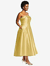 Alt View 3 Thumbnail - Maize Cuffed Strapless Satin Twill Midi Dress with Full Skirt and Pockets