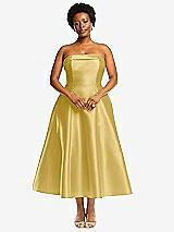 Alt View 4 Thumbnail - Maize Cuffed Strapless Satin Twill Midi Dress with Full Skirt and Pockets